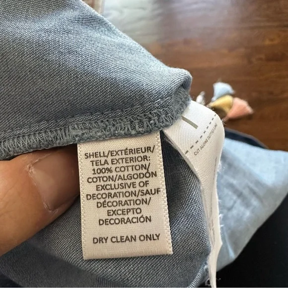 LOFT Blue Denim Chambray Mini Summer Shift Dress with ruffle sleeves & tassels - Picture 8 of 16